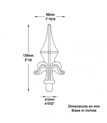 Pointe de lance aluminium Ø12mm hauteur 130mm