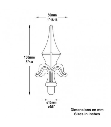 Pointe de lance aluminium Ø16mm hauteur 130mm