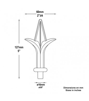 Pointe de lance aluminium Ø16mm hauteur 127mm