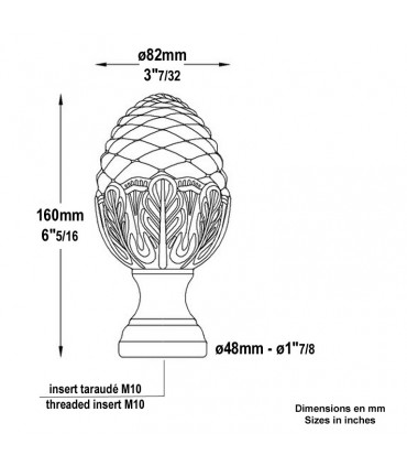 Pommeau pigne fonte Hauteur 160mm