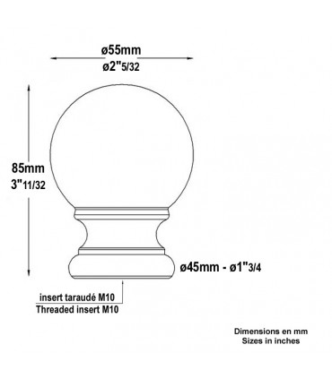 Pommeau en fonte Hauteur 85mm largeur 55mm base Ø45 avec insert