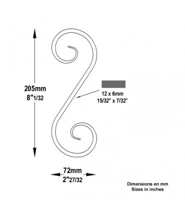 Volute forgée en S H205x72mm 12x6mm