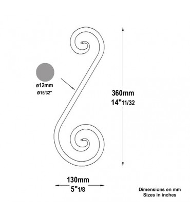 Volute forgée en S H360x130mm Ø12mm