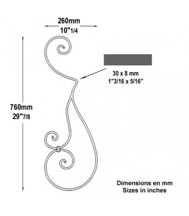 Volute assemblée fer forgé H760x260mm plat de 30x8mm