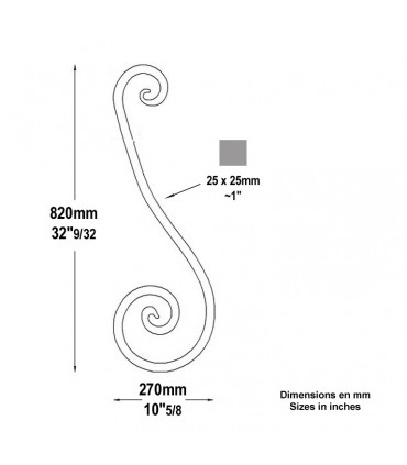 Volute forgée en S H820x270 25x25mm