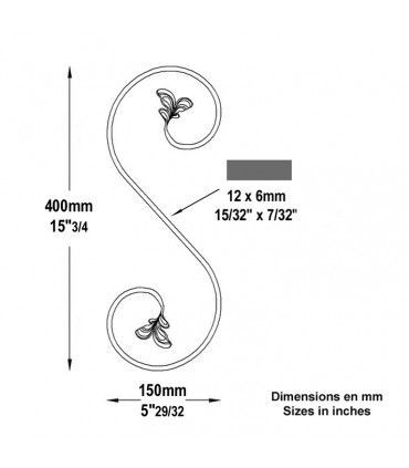 Volute feuille en S H400x150mm 12x6mm