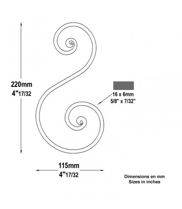 Volute noyaux en S H220x115mm 16x6mm