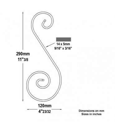 Volute alu en S H290x120mm 14x5mm