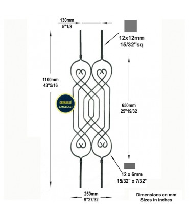 Panneau décoratif double Hauteur 1100 x250mm 12x12mm