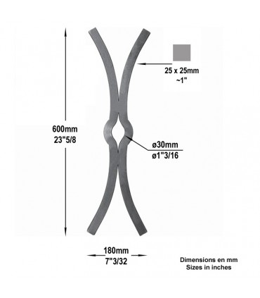 Clef de tirant acier Hauteur 600 x 180mm 25x25mm pour axe Ø30mm maximum