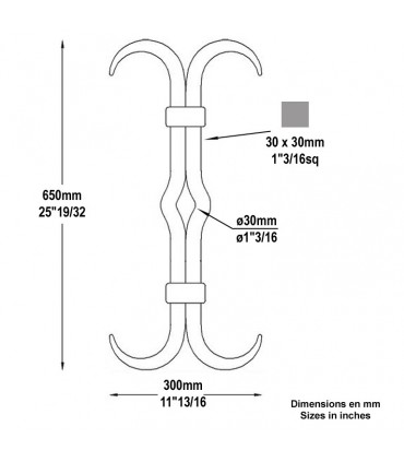 Tirant acier H650x300mm 30x30mm