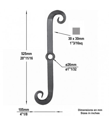 Clef de tirant acier en "S" Hauteur 525x105mm 30x30mm pour axe Ø26mm maximum