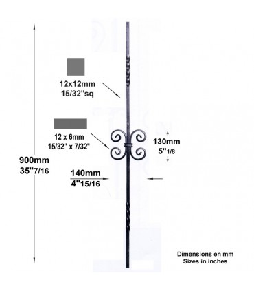 Balustre assemblé H900mm 12x12mm