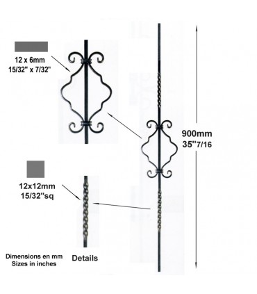 Balustre assemblé H900mm 12x12mm