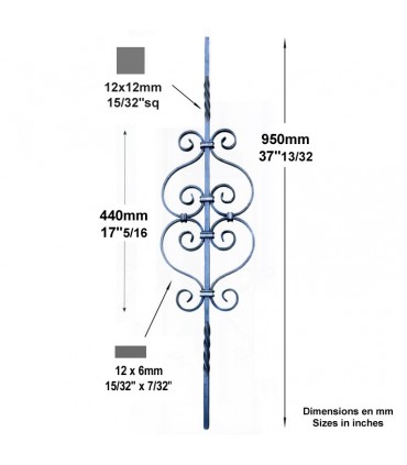 Balustre assemblé H950mm 12x12mm
