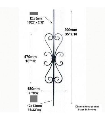 Balustre fer forgé assemblé pour escalier et garde corps H900mm 12x12mm