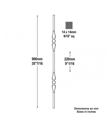 Balustre forgé H900mm 14x14mm