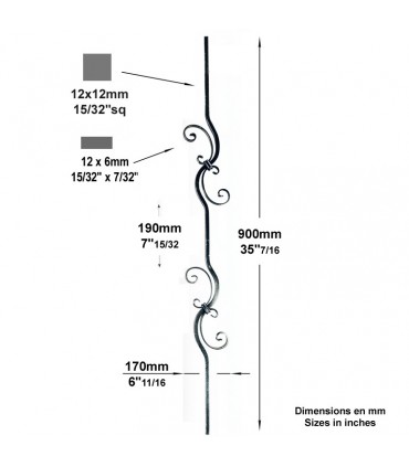 Balustre assemblé H950mm 12x12mm et 12x6mm