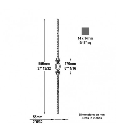 Balustre martelé H950x55mm 14x14mm