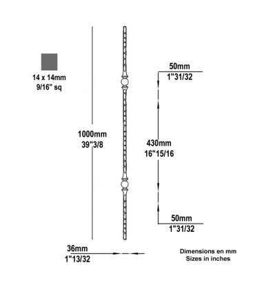 Balustre forgé martelé H1000mm 14x14mm