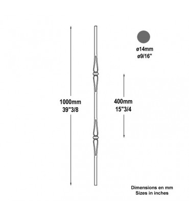 Balustre fer forgé pour escaliers et garde-corps H1000mm Ø14mm 2 boules