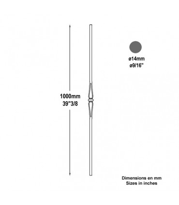 Balustre fer forgé pour escaliers et garde-corps H1000mm Ø14mm