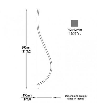 Balustre galbé H800mm 12x12mm