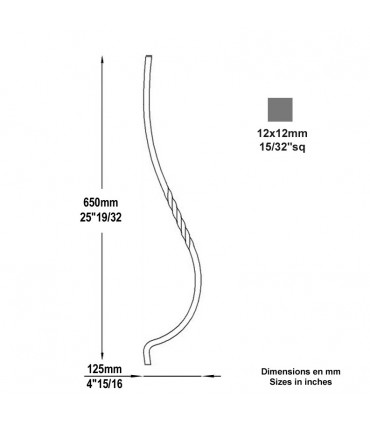 Balustre galbé H650mm 12x12mm