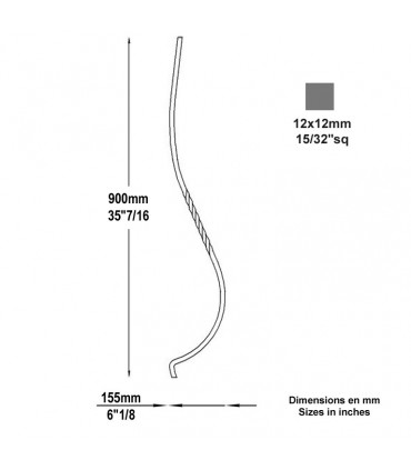 Balustre galbé H900mm 12x12mm