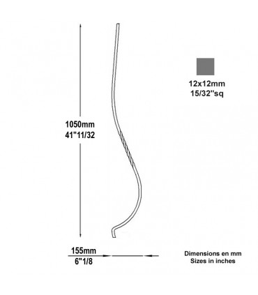 Balustre galbé H1050mm 12x12mm