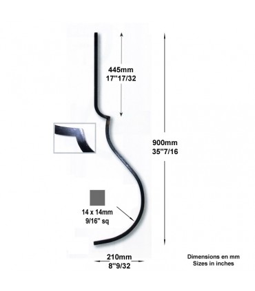 Balustre 2 galbes H900mm 14x14mm