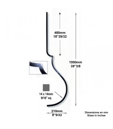 Balustre 2 galbes H1000mm 14x14mm
