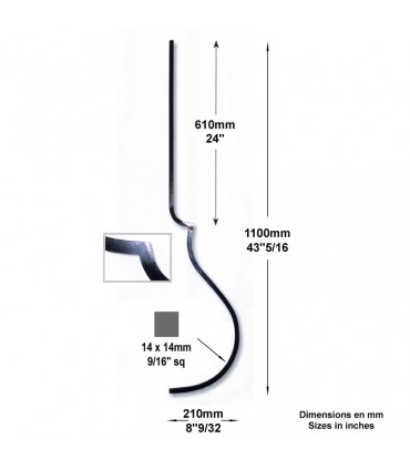 Balustre 2 galbes H1100mm 14x14mm