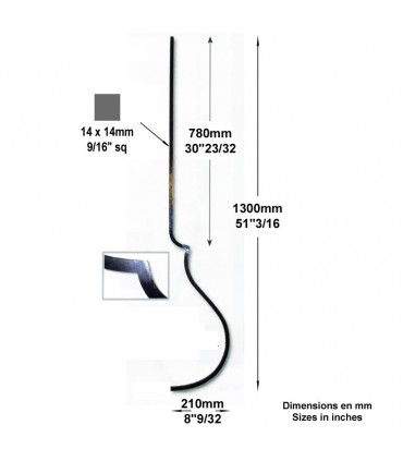 Balustre 2 galbes H1300mm 14x14mm