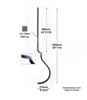 Balustre 2 galbes H1500mm 14x14mm