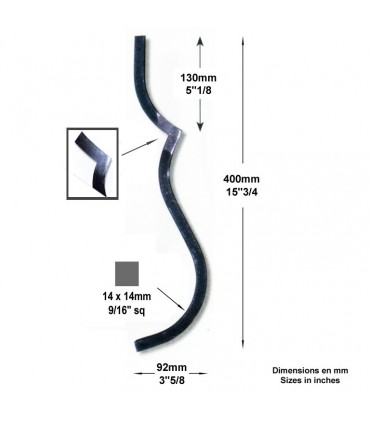 Balustre 2 galbes H400mm 14x14mm