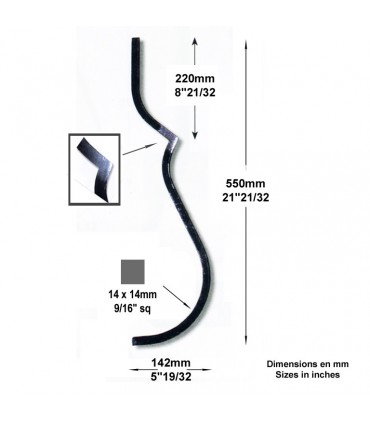 Balustre 2 galbes H550mm 14x14mm