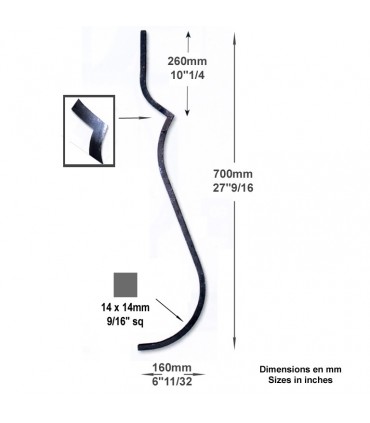 Balustre 2 galbes H700mm 14x14mm
