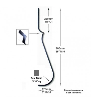 Balustre 2 galbes H900mm 14x14mm