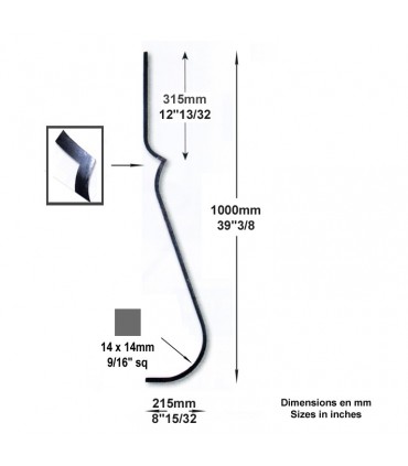 Balustre 2 galbes H1000mm 14x14mm