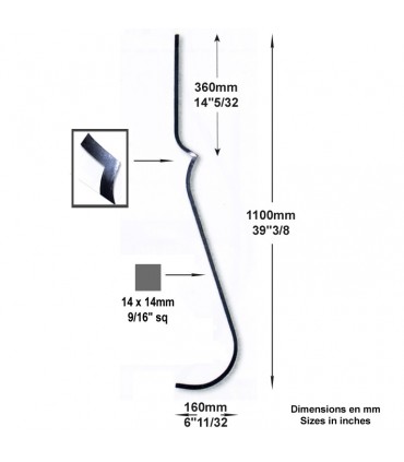 Balustre 2 galbes H1100mm 14x14mm