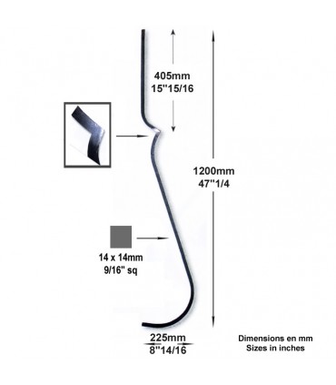 Balustre 2 galbes H1200mm 14x14mm