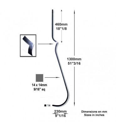 Balustre 2 galbes H1300mm 14x14mm
