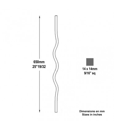 Balustre ondulé H650mm 14x14mm