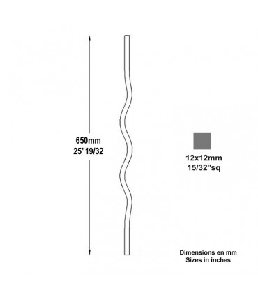 Barreau acier ondulé Hauteur 650mm carré de 12x12mm