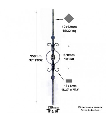 Balustre à motifs H950mm 12x12mm et 12x6mm