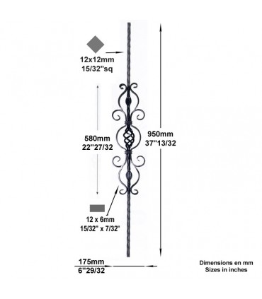 Balustre à motifs H950mm 12x12mm et 12x6mm