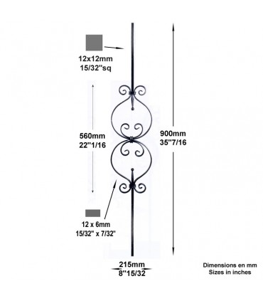 Balustre à motifs H900mm 12x12mm et 12x6mm