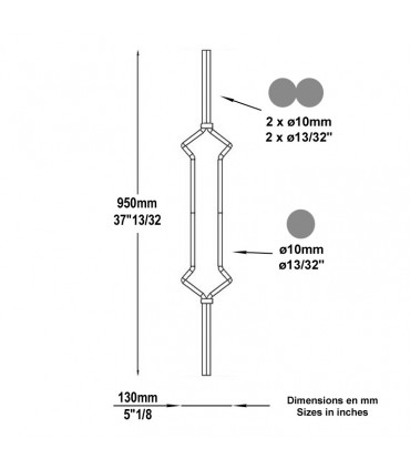 Balustre art déco H950x130mm 2xØ10mm