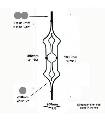 Balustre artdéco H1000x200mm 2xØ10mm